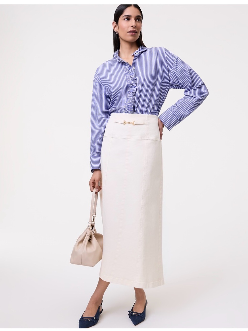 Ann Taylor Navy & White Vertical Stripe Ruffle-Front Blouse